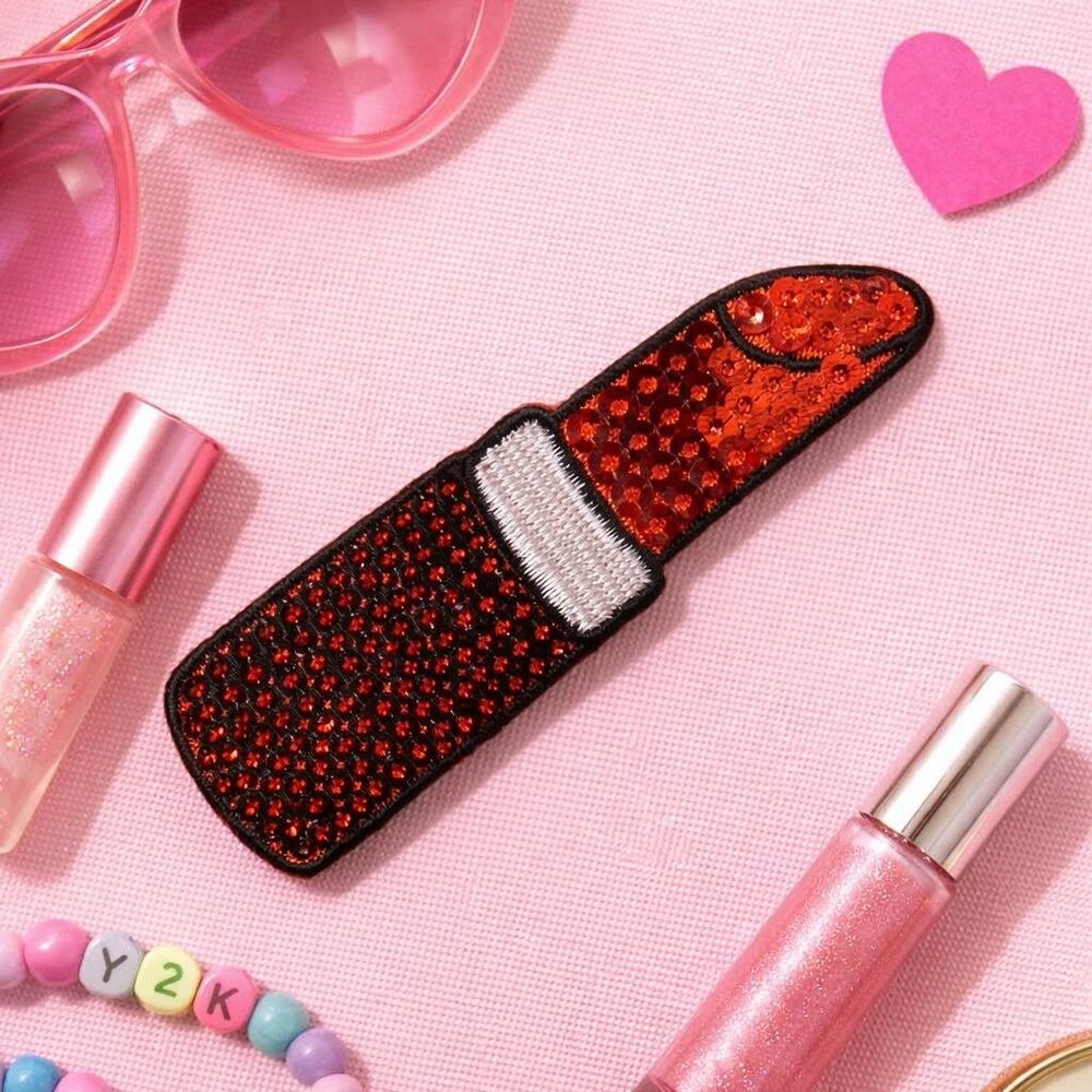 Simplicity Lipstick Iron On Patch Red Rhinestone Y2K Makeup Glam Fashion DIY